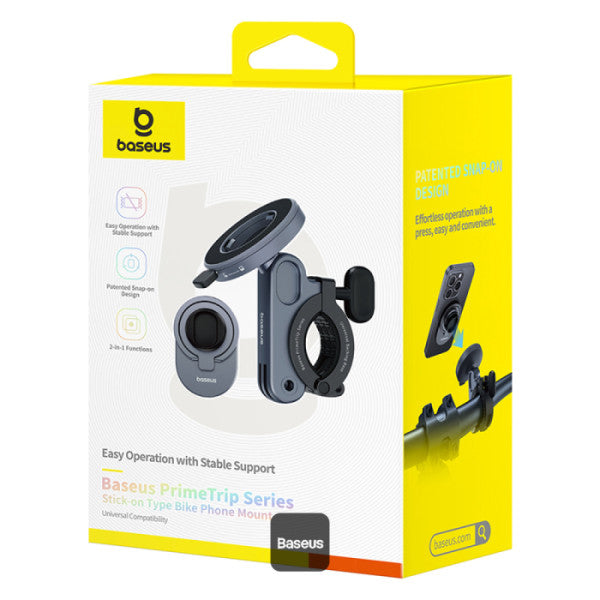 Baseus PrimeTrip Magnetic Bike Phone Holder – 2-in-1 Stick-On Mount & Ring Stand 360° Rotatable Universal Handlebar Fit (20-35mm) - Black