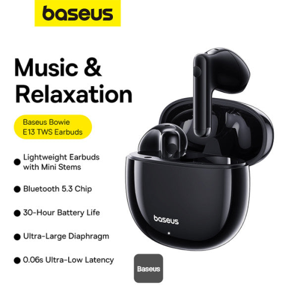 Baseus Bowie E13 True Wireless Earbuds with 12mm Diaphragm BT 53 30H Battery Low Latency 006s App Control – For Music Gaming & Calls - Black