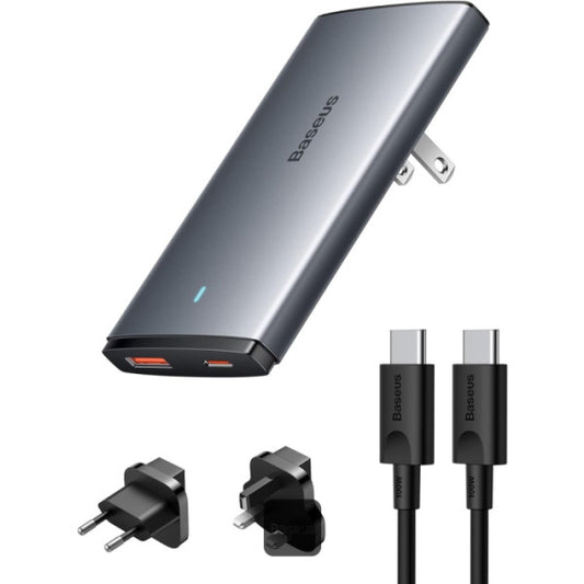 Baseus GaN5 Pro Ultra-Slim Fast Charger C+U 65W UK EU US Adapter Plug With 100W USB C Cable - Grey