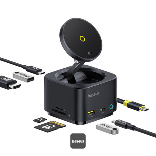 Baseus MagPro Series II 7-in-1 USB-C Hub with 15W Qi2 Wireless Charger 4K@60Hz HDMI 100W PD 10Gbps Ports SD Card Reader – Black