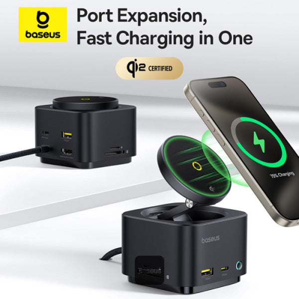 Baseus MagPro Series II 7-in-1 USB-C Hub with 15W Qi2 Wireless Charger 4K@60Hz HDMI 100W PD 10Gbps Ports SD Card Reader – Black