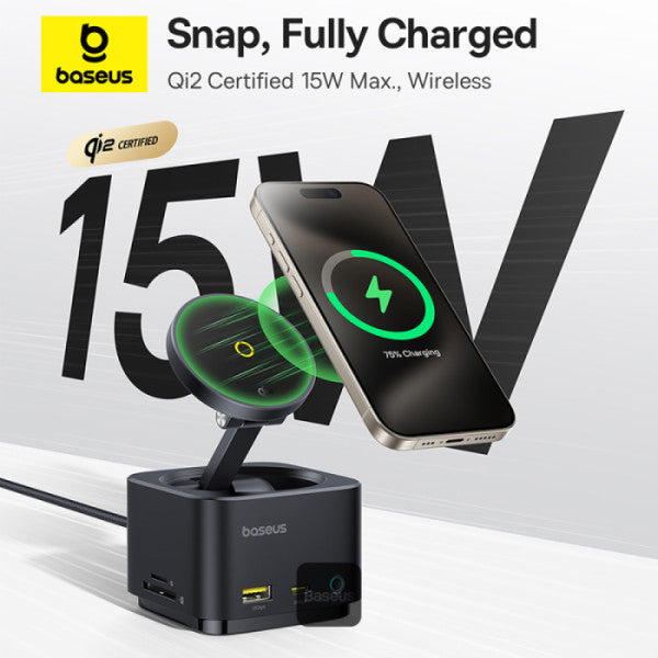 Baseus MagPro Series II 7-in-1 USB-C Hub with 15W Qi2 Wireless Charger 4K@60Hz HDMI 100W PD 10Gbps Ports SD Card Reader – Black