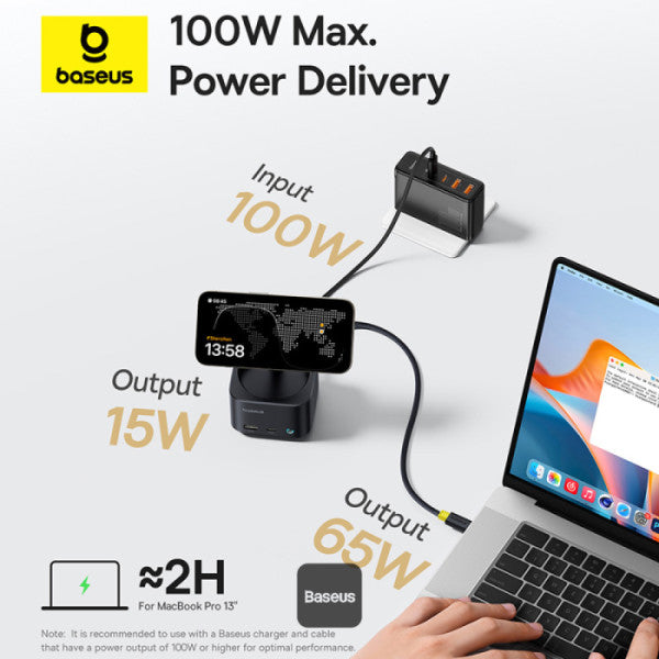 Baseus MagPro Series II 7-in-1 USB-C Hub with 15W Qi2 Wireless Charger 4K@60Hz HDMI 100W PD 10Gbps Ports SD Card Reader – Black