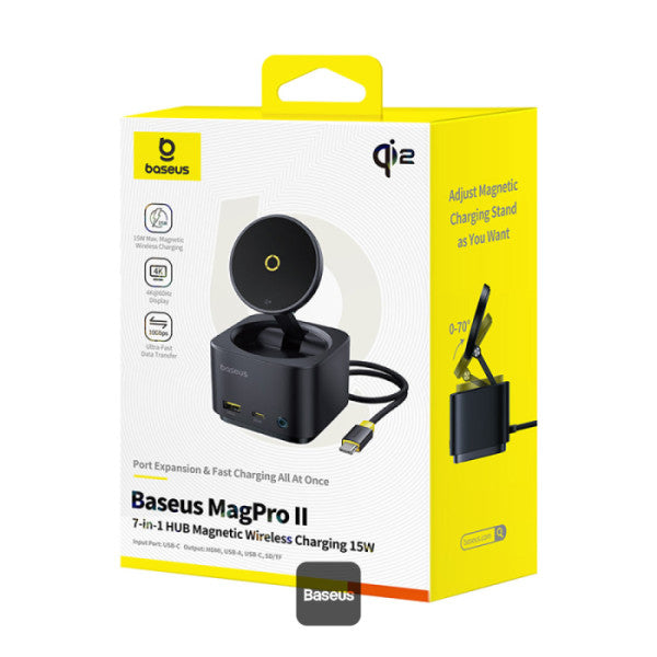 Baseus MagPro Series II 7-in-1 USB-C Hub with 15W Qi2 Wireless Charger 4K@60Hz HDMI 100W PD 10Gbps Ports SD Card Reader – Black