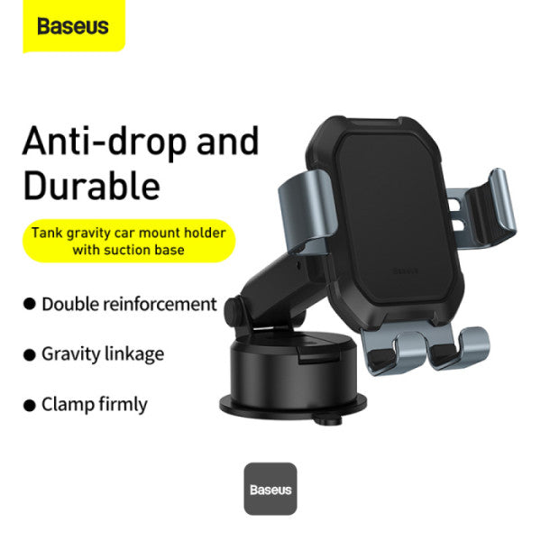 Baseus Tank Gravity Car Mount Holder with Suction Cup – Adjustable Arm One-Hand Operation Strong Suction Base – Compatible 47–65 Phones – Black