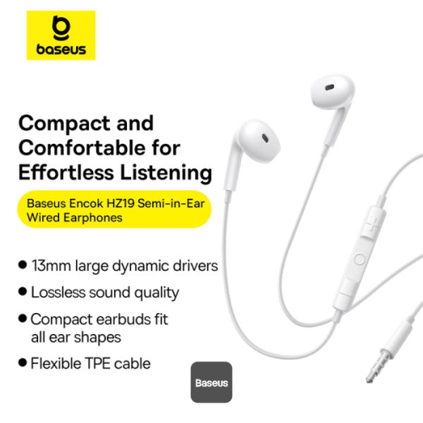 Baseus Encok HZ19 Semi-in-Ear Wired Earphones with 35mm Mini Jack Built-in Microphone - White