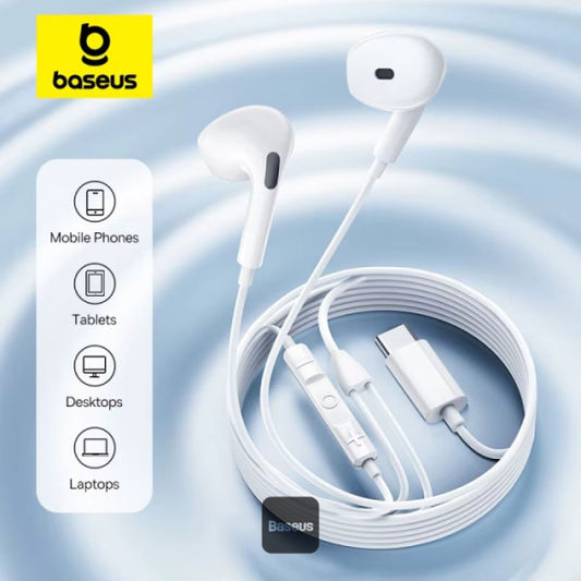 Baseus Encok CZ19 USB-C Wired Earphones For iPhone 16 - 13mm Drivers Omni-Directional Mic Volume Control Semi In-Ear Design - White