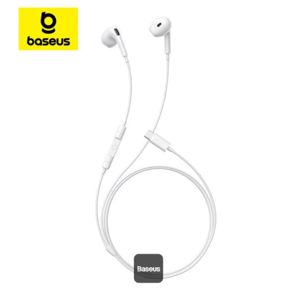 Baseus Encok CZ19 USB-C Wired Earphones For iPhone 16 - 13mm Drivers Omni-Directional Mic Volume Control Semi In-Ear Design - White