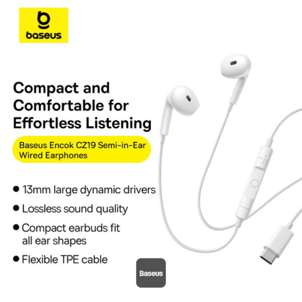 Baseus Encok CZ19 USB-C Wired Earphones For iPhone 16 - 13mm Drivers Omni-Directional Mic Volume Control Semi In-Ear Design - White