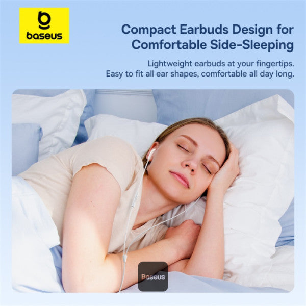 Baseus Encok CZ19 USB-C Wired Earphones For iPhone 16 - 13mm Drivers Omni-Directional Mic Volume Control Semi In-Ear Design - White