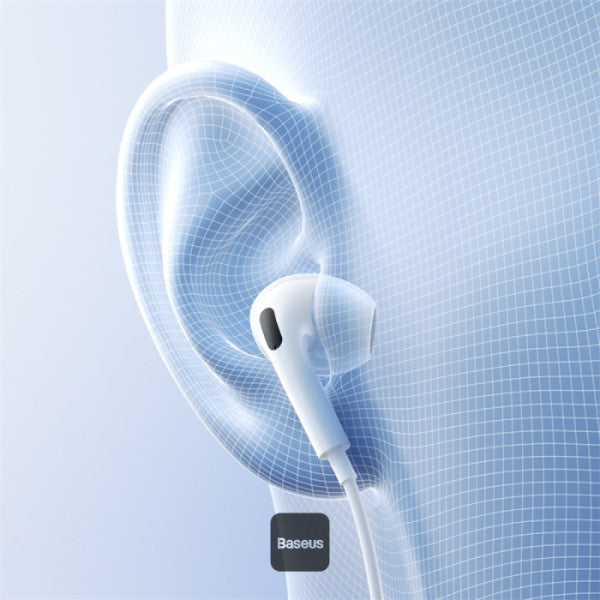 Baseus Encok CZ19 USB-C Wired Earphones For iPhone 16 - 13mm Drivers Omni-Directional Mic Volume Control Semi In-Ear Design - White