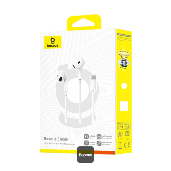 Baseus Encok CZ19 USB-C Wired Earphones For iPhone 16 - 13mm Drivers Omni-Directional Mic Volume Control Semi In-Ear Design - White