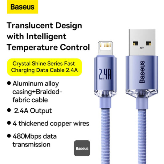 Baseus Crystal Shine Series 24A Fast Charging USB-A to Lightning Cable - 480Mbps Data Cable - 12M - Blue