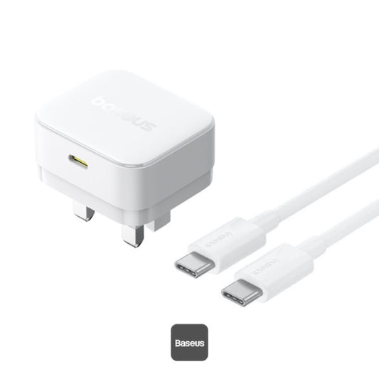Baseus Palm 30W PD Type-C Fast Charging Wall Charger - UK Plug with Ultra Fast Charging Type-C to Type-C Data Cable 1M - White
