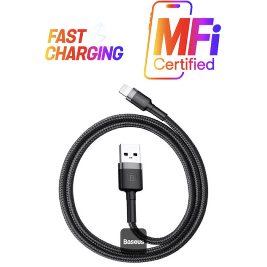 Baseus Cafule Series Cable USB-A to Lightning 15A Fast Charge & 480Mbps High-Speed Data Transfer Nylon Braided 2M - Gray+Black