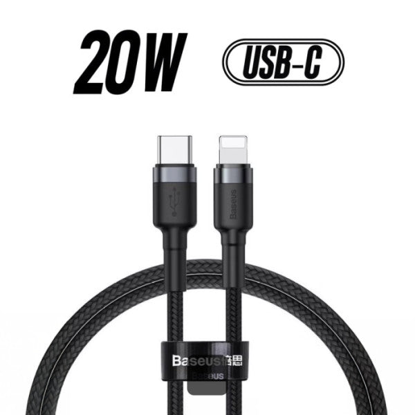 Baseus Cafule Series Cable Type-C to Lightning 20W Fast Charge & 480Mbps High-Speed Data Transfer Nylon Braided 1M - Gray+Black