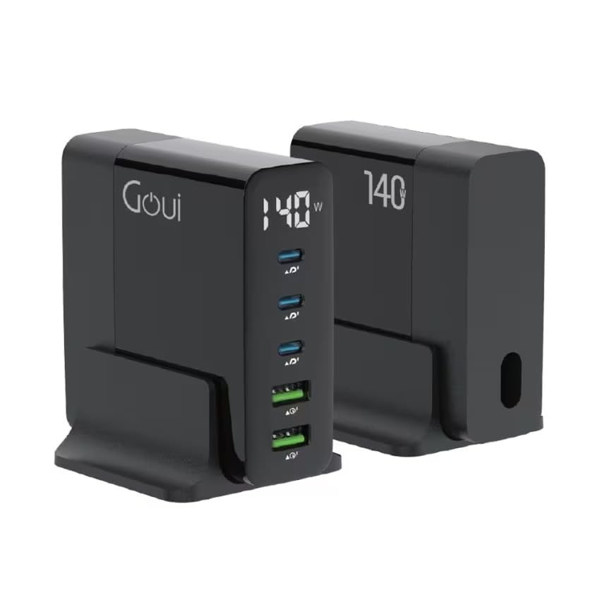 Goui 5-Port Desktop Charger GAN140, 140W 2x USB-A ports and 3x USB-C ports, Qualcomm Quick Charge 3.0 and Power Delivery PD Technology, Smart LED Display, Suitable for Home & Office Use, Black