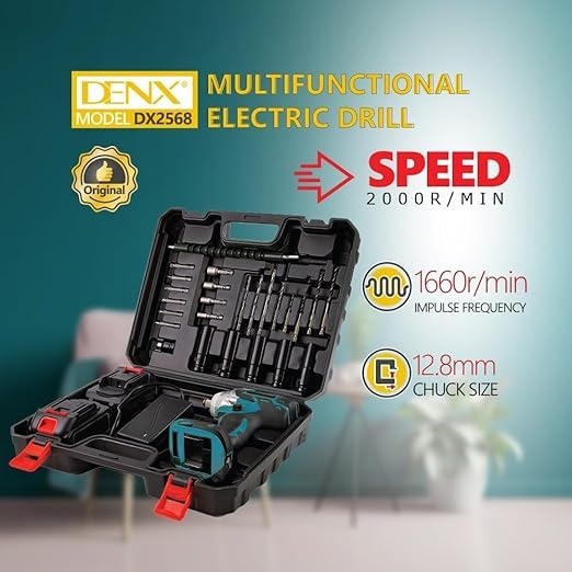 DENX Multifunctional Electric Drill, Model DX2568, 2000 RPM Speed, 12.8mm Chuck Size, 1660r/min Impulse Frequency, Wired Design, Ideal for DIY and Home Projects
