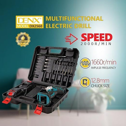 DENX Multifunctional Electric Drill, Model DX2568, 2000 RPM Speed, 12.8mm Chuck Size, 1660r/min Impulse Frequency, Wired Design, Ideal for DIY and Home Projects