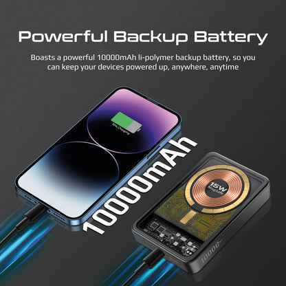 Promate iPhone 16 Power Bank, Premium 10000mAh Transparent Battery Pack, 15W Magnetic Charging 20W USB-C Power Delivery Port, Over Charging Protection for iPhones & Galaxy S25 Ultra,LucidPack-10 Black