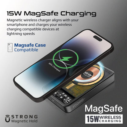 Promate iPhone 16 Power Bank, Premium 10000mAh Transparent Battery Pack, 15W Magnetic Charging 20W USB-C Power Delivery Port, Over Charging Protection for iPhones & Galaxy S25 Ultra,LucidPack-10 Black