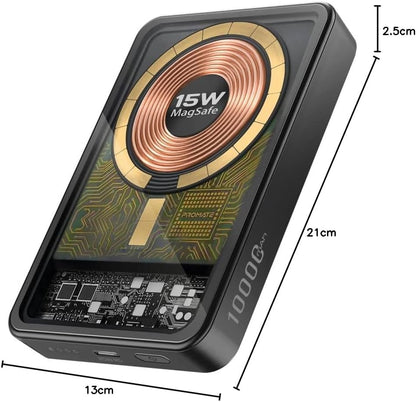 Promate iPhone 16 Power Bank, Premium 10000mAh Transparent Battery Pack, 15W Magnetic Charging 20W USB-C Power Delivery Port, Over Charging Protection for iPhones & Galaxy S25 Ultra,LucidPack-10 Black