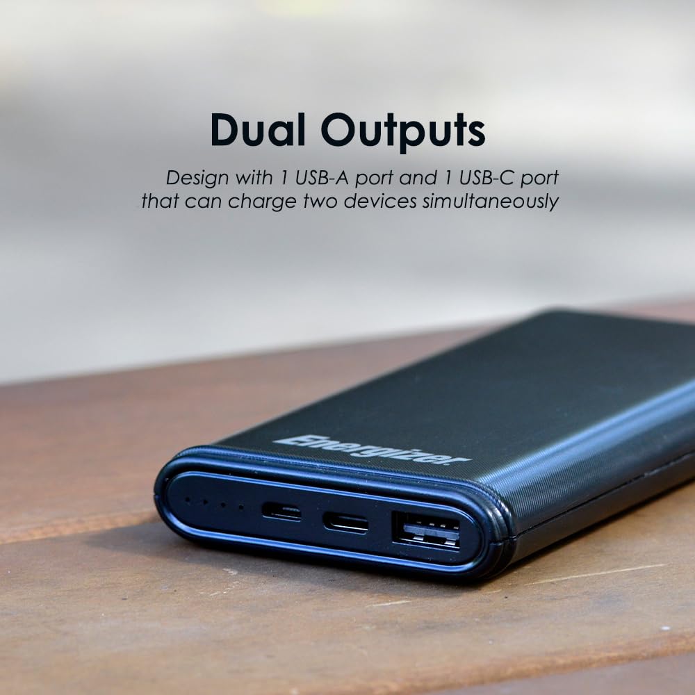 Energizer 10000 mAh Max 2.1A Rapid Charging Power Bank With Dual Outputs - Type-C And USB-A, Dual Inputs, Micro-USB And Type-C Black