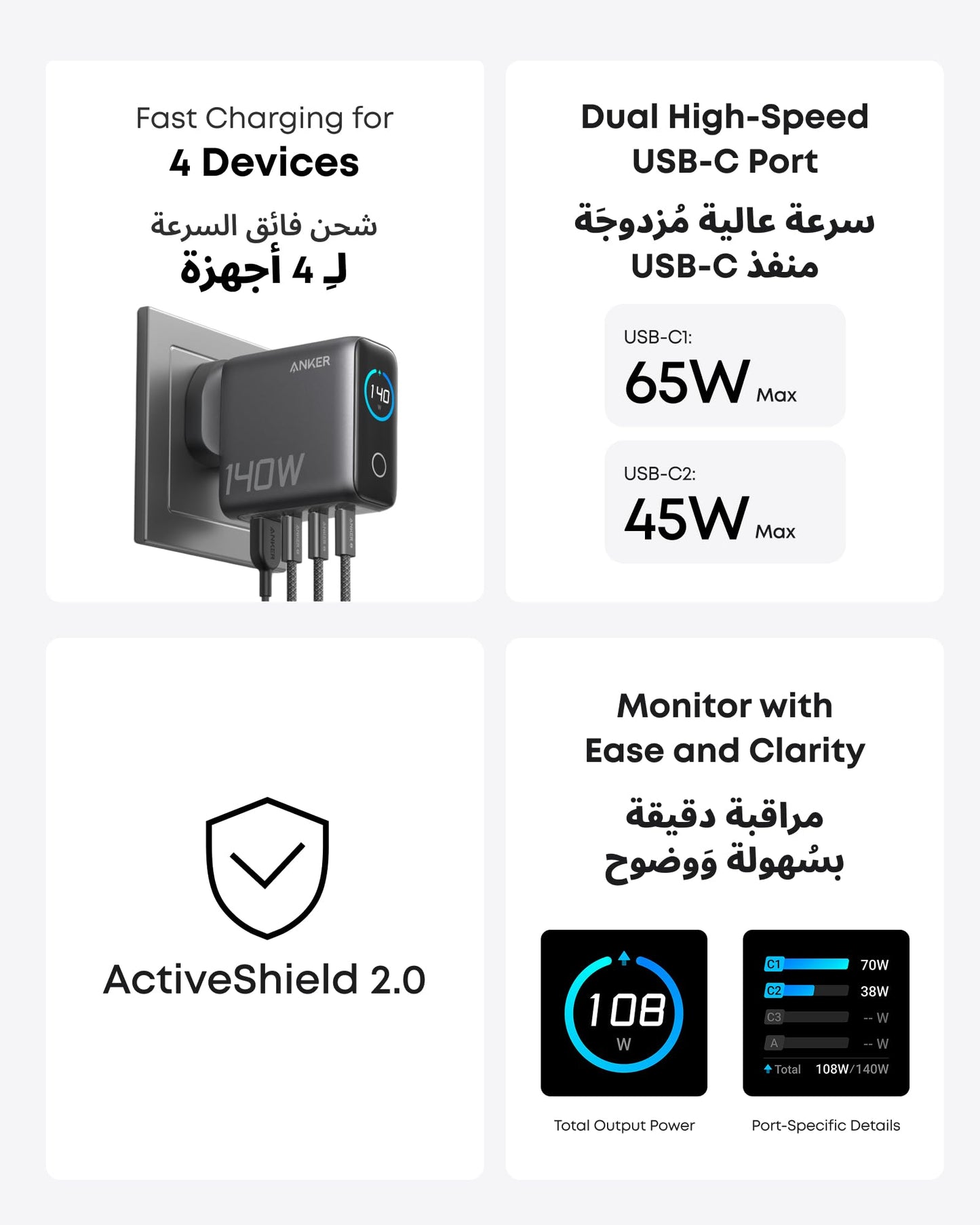 Anker 140W USB C Charger, Laptop Charger, 4-Port Multi-Device Fast Charging, Advanced GaN Power Adapter, Intuitive Touch Controls, Compatible with MacBook, iPhone 17 Series, Samsung, Pixel, and More