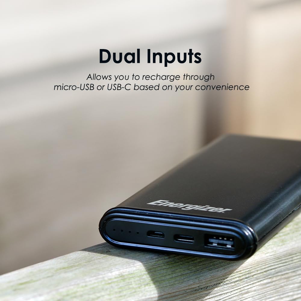 Energizer 10000 mAh Max 2.1A Rapid Charging Power Bank With Dual Outputs - Type-C And USB-A, Dual Inputs, Micro-USB And Type-C Black