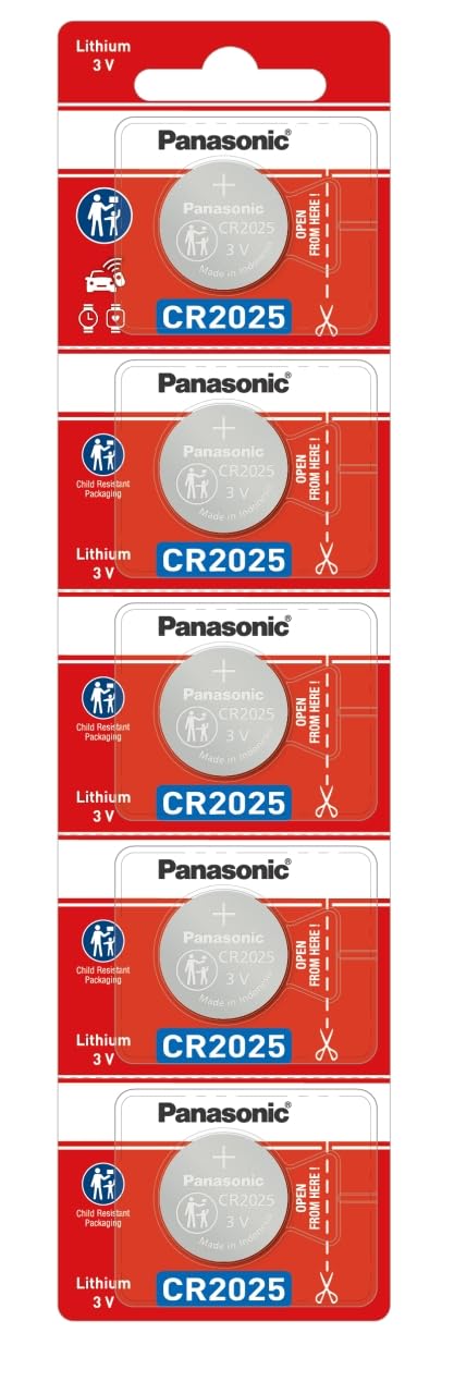 Panasonic Lithium 3V Coin Battery CR2025, Pack of 5