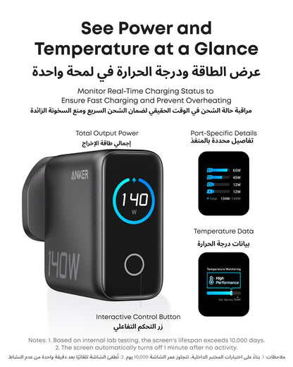 Anker 140W USB C Charger, Laptop Charger, 4-Port Multi-Device Fast Charging, Advanced GaN Power Adapter, Intuitive Touch Controls, Compatible with MacBook, iPhone 17 Series, Samsung, Pixel, and More