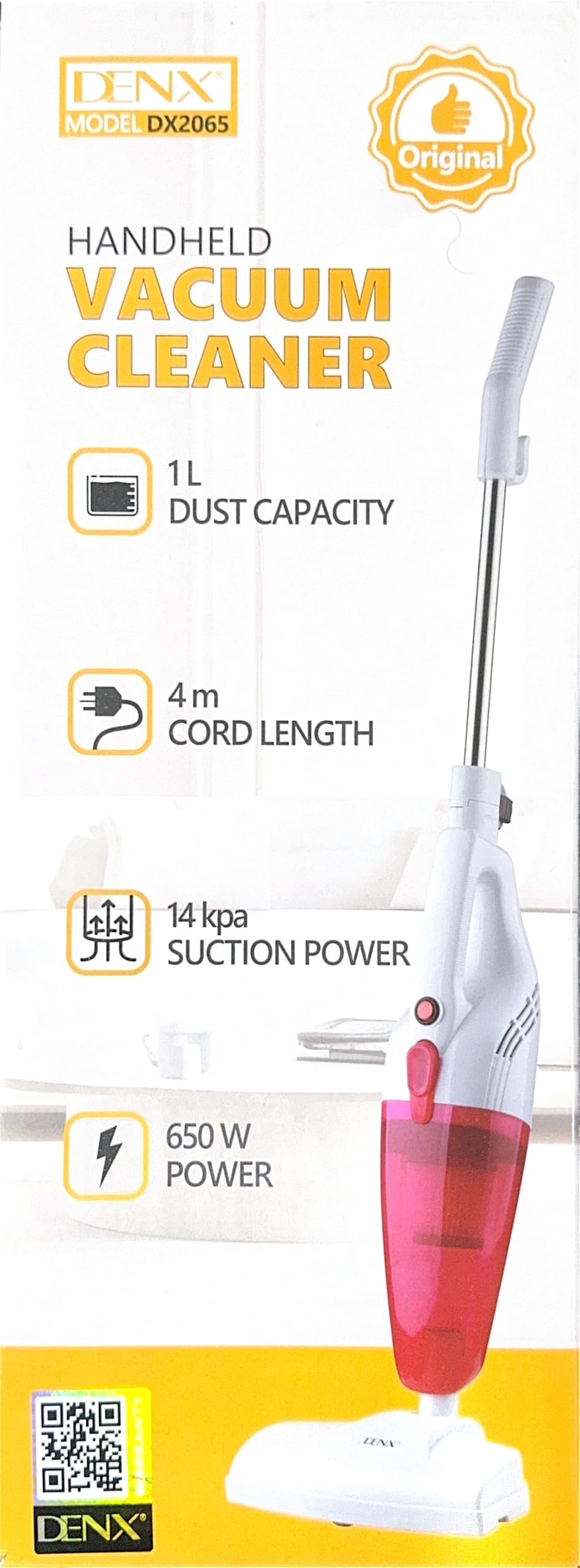 DENX Handheld Vacuum Cleaner 650W, 14Kpa Suction Power, 1L Dust Capacity, 4m Cord, Cyclone Suction, Lightweight Stick Vacuum for Home, Carpet, Hard Floors, Pet Hair, 220-240V, EU Plug