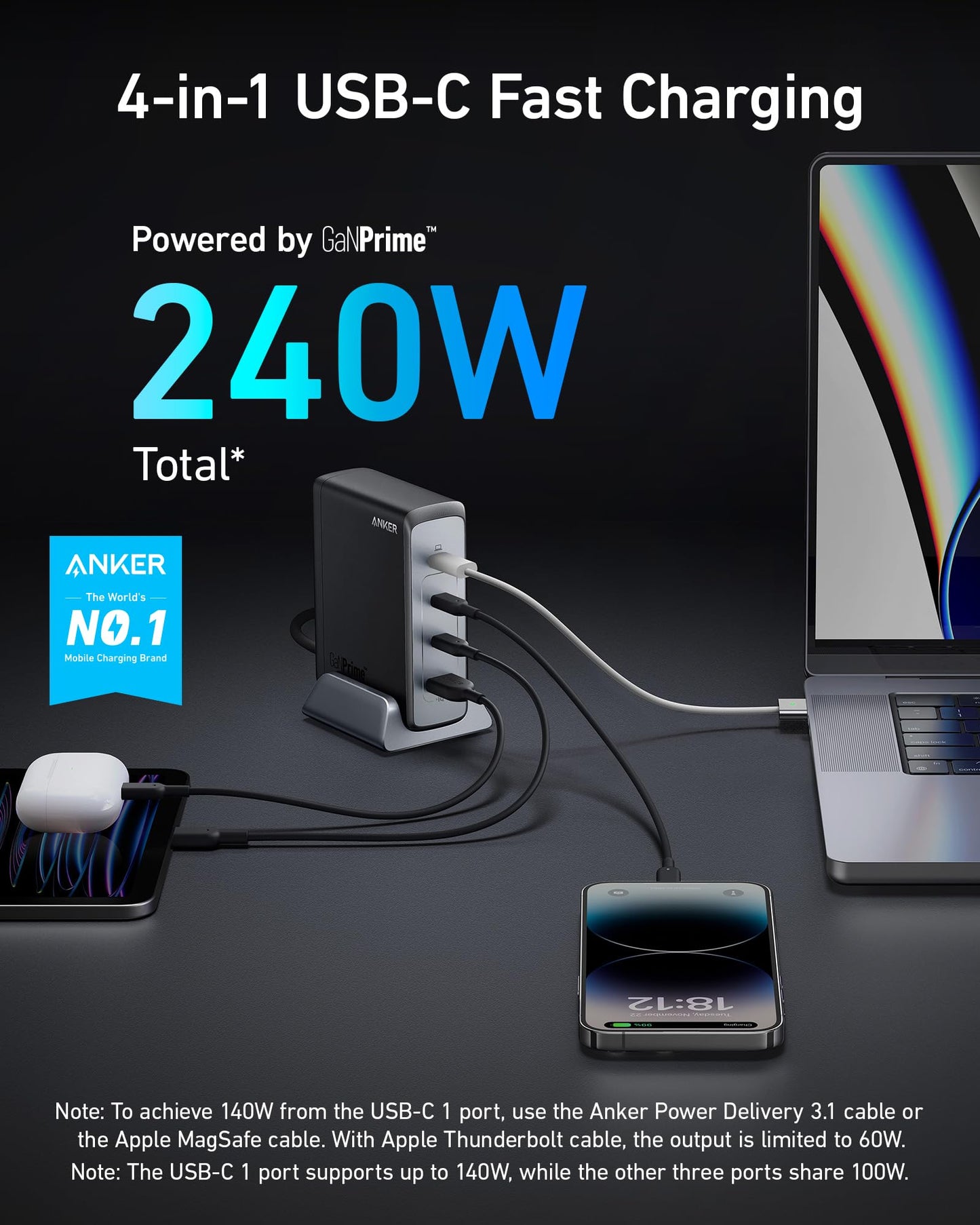 Anker 240W USB C Plug, Prime GaN Charger, 4-Port Fast Compact GaN Charger for MacBook Pro/Air, iPhone 17/16 Series, iPad Pro, Dell XPS, Galaxy S24/S23, Huawei, Xiaomi, Apple Watch, Vivo and More
