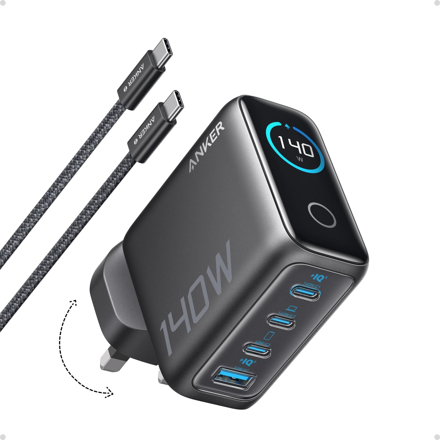 Anker 140W USB C Charger, Laptop Charger, 4-Port Multi-Device Fast Charging, Advanced GaN Power Adapter, Intuitive Touch Controls, Compatible with MacBook, iPhone 17 Series, Samsung, Pixel, and More