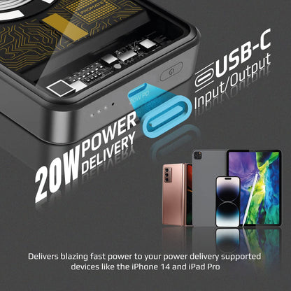 Promate iPhone 16 Power Bank, Premium 10000mAh Transparent Battery Pack, 15W Magnetic Charging 20W USB-C Power Delivery Port, Over Charging Protection for iPhones & Galaxy S25 Ultra,LucidPack-10 Black
