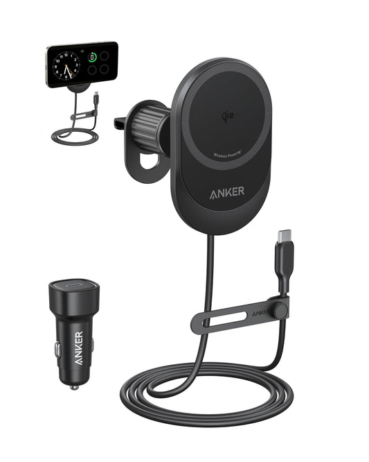 Anker MagSafe Wireless Car Charger Compatible, MagGo Fast 15W Car Charger, 360° Adjustable Angle and Strong Magnets, Car Phone Holder Mount, for iPhone 15/14 Series (Cable and Adapter Included), Black