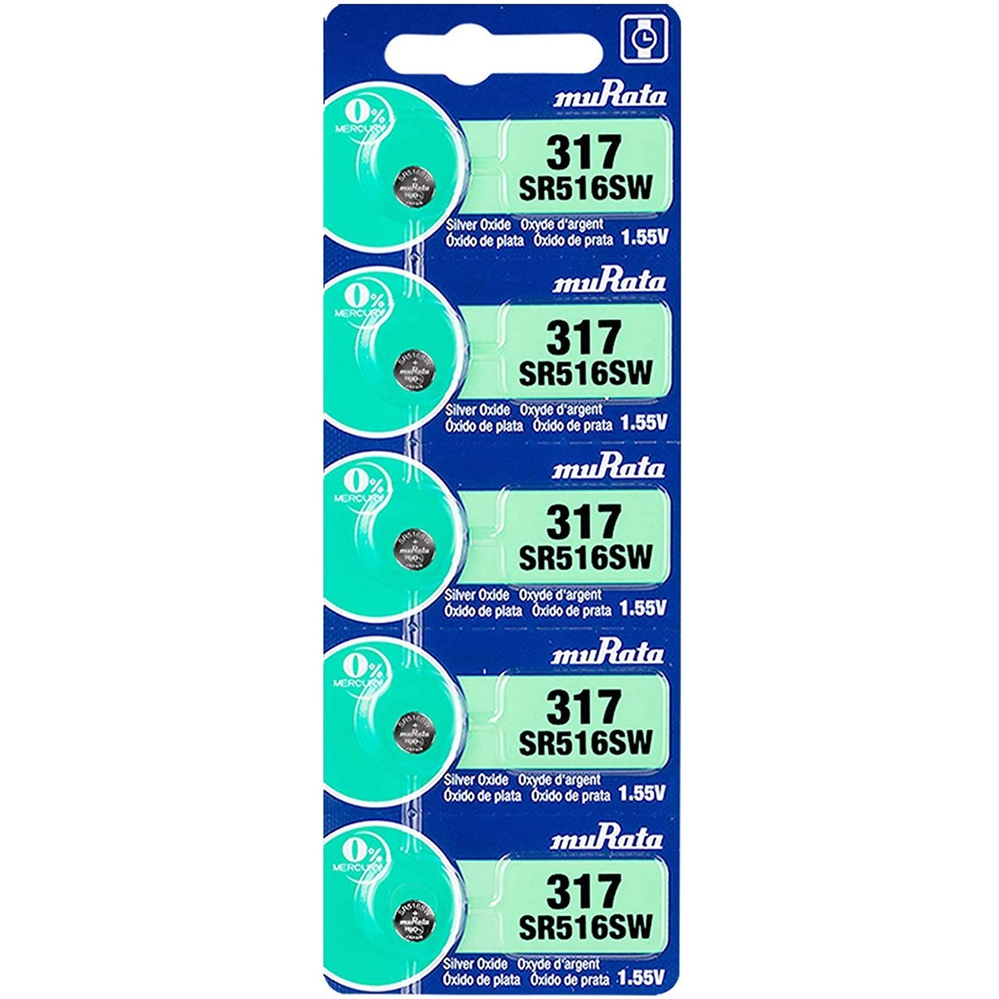 Murata 317 Battery SR516SW 1.55V Silver Oxide Watch Button Cell (5 Batteries)
