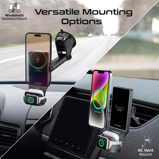 MagDrive-Trio 3-in-1 MagSafe Compatible Car Wireless Charging Station • 15W MagSafe Compatible Charger • 4.5W AirPods Charer • 3.5W Apple Watch Charger • Dashboard & AC Vent Mount