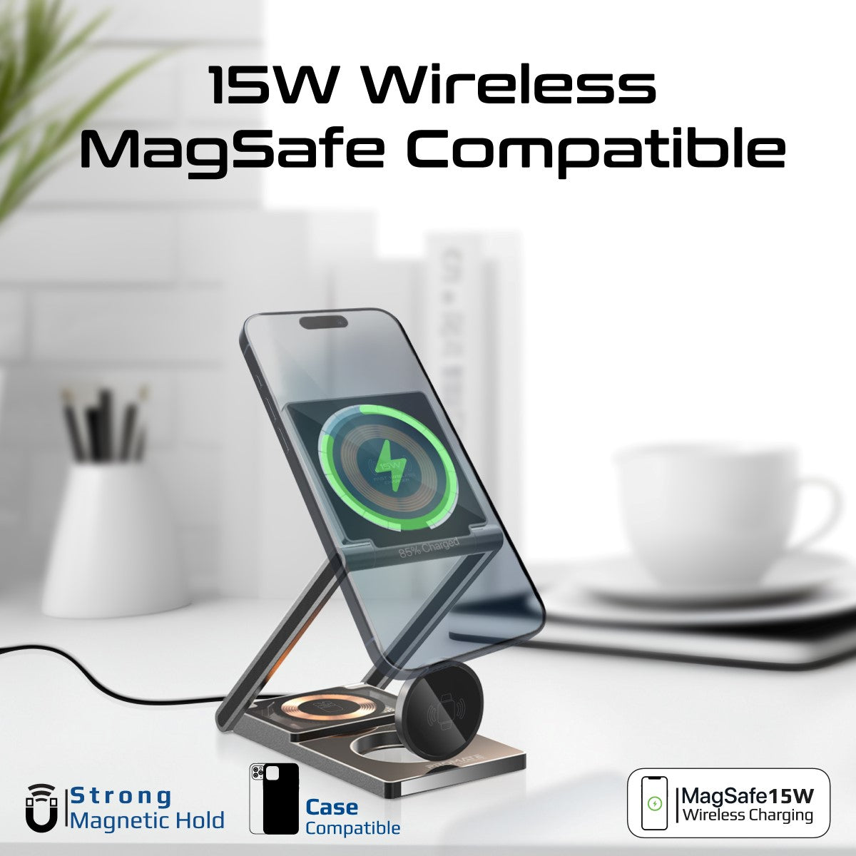 Ultra-Slim Transparent Foldable 15W MagSafe Compatible Wireless Charging Station
