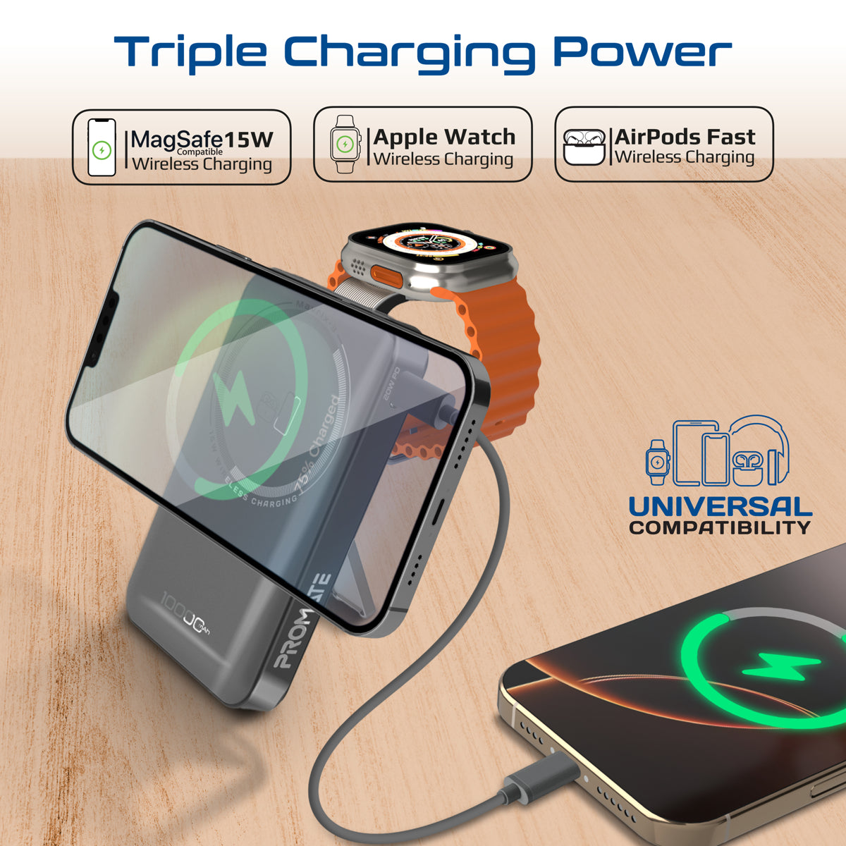 Ultra-Compact 3 in 1 MagSafe Compatible Wireless Charging Power Bank