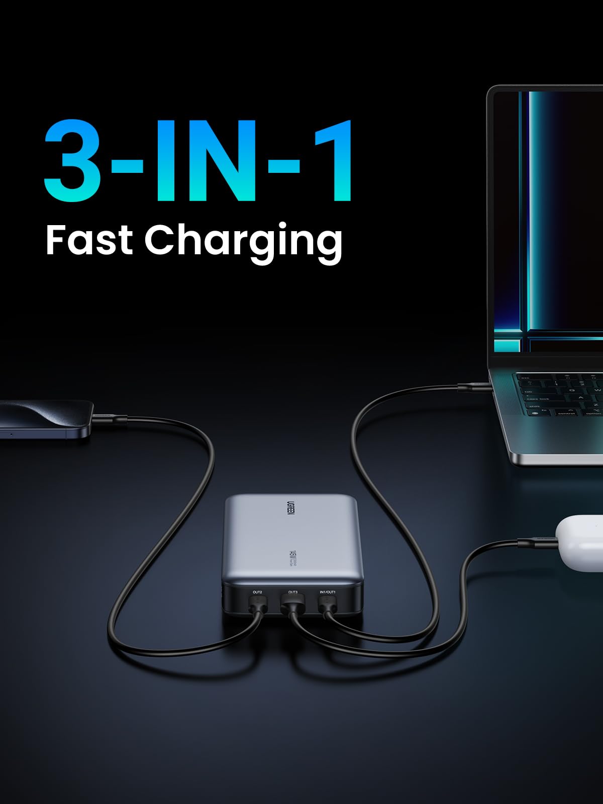 UGREEN 145W 25000mAh Power Bank can power up to three devices simultaneously
