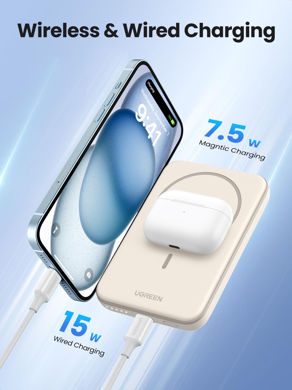 UGREEN 5000mAh Magnetic Portable Chargers  Support both wireless and wired charging modes