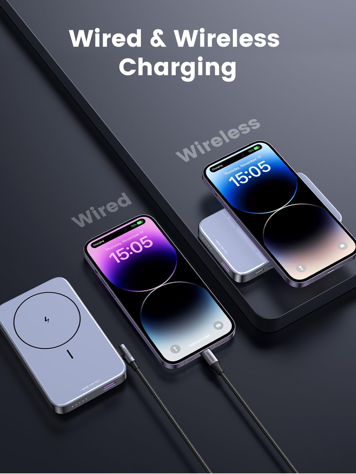 UGREEN Foldable Kickstand Magnetic Portable Chargers Support both wireless and wired charging modes